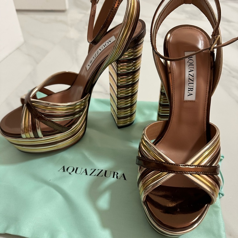 Aquazzura Gold and Brown Platform Sandals with Strappy Design